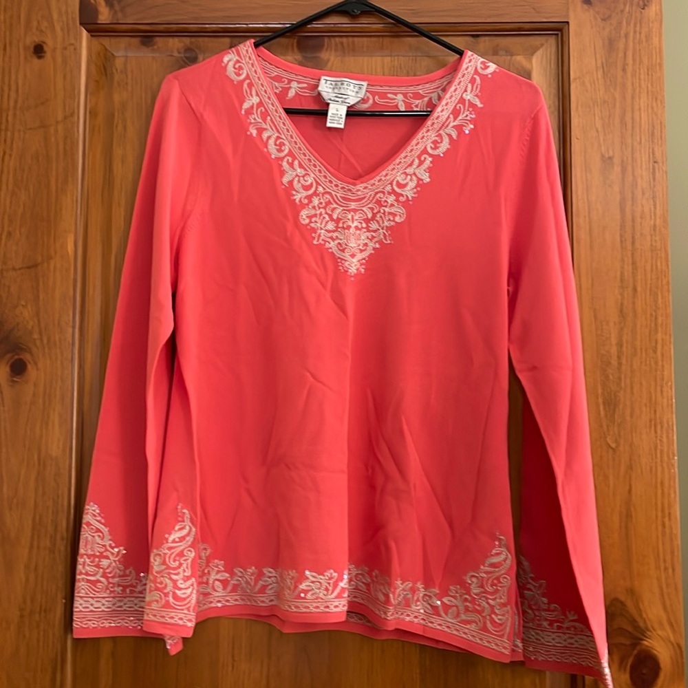 Talbots coral top with embroidery detail long sleeve tunic size L